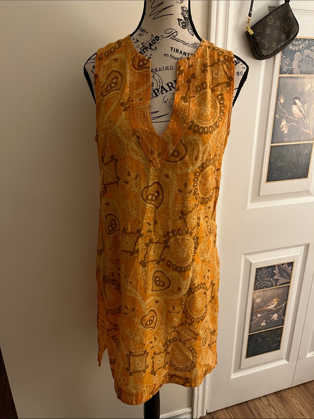 Sleeveless V-Neck Tunic in Mustard Yellow - Lightweight Boho Print